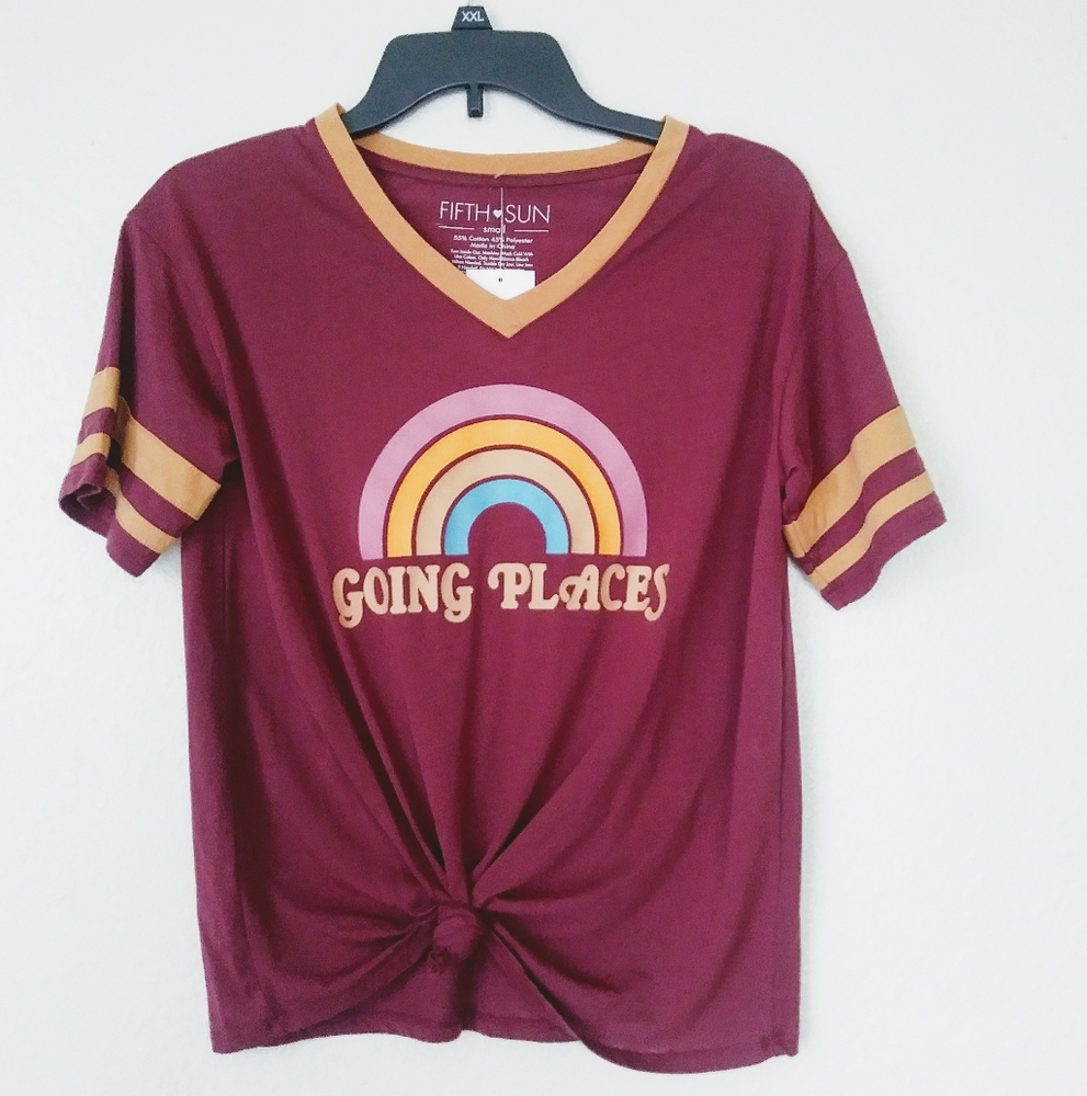 70's style. maroon graphic t-shirt going places